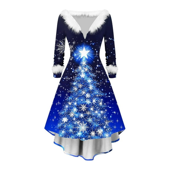 Lorytime 50s Style Formal Dresses for Women Christmas Printed Plush V-Neck A Line Dress Long Sleeve Party Dresses