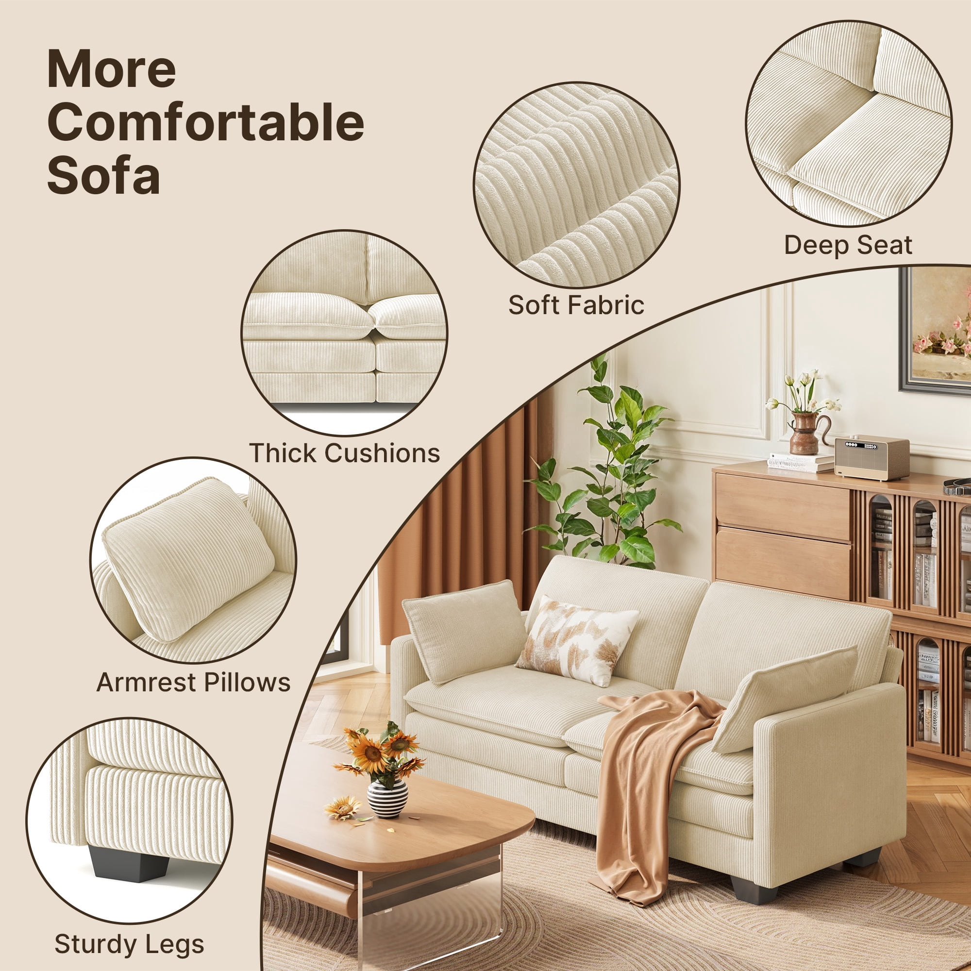 Asofer 75" Loveseat Corduroy Cloud Sofa, Deep Seat 2 Seater with Washable Cushion & 2 Pillows for Living Room Apartment, Beige