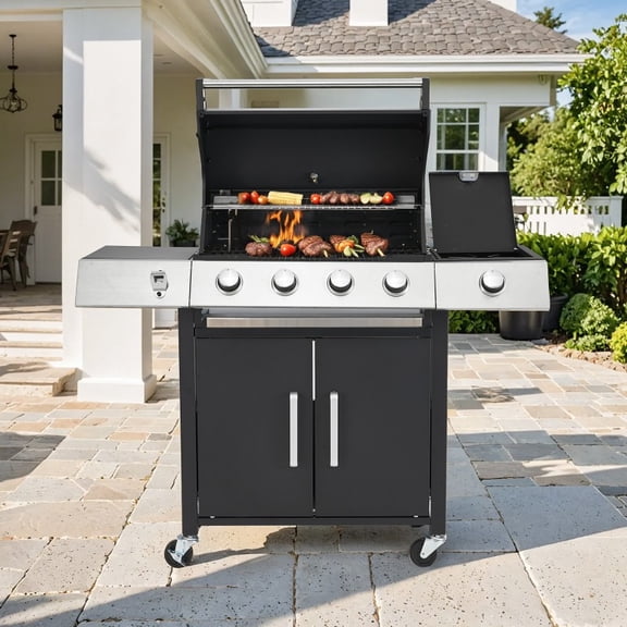 Outdoor 4-Burner Propane Gas Grill - Built-In Side Burner for Extra Cooking Space, Perfect for Grilling Meats, Veggies & Sides, BBQ Must-Have