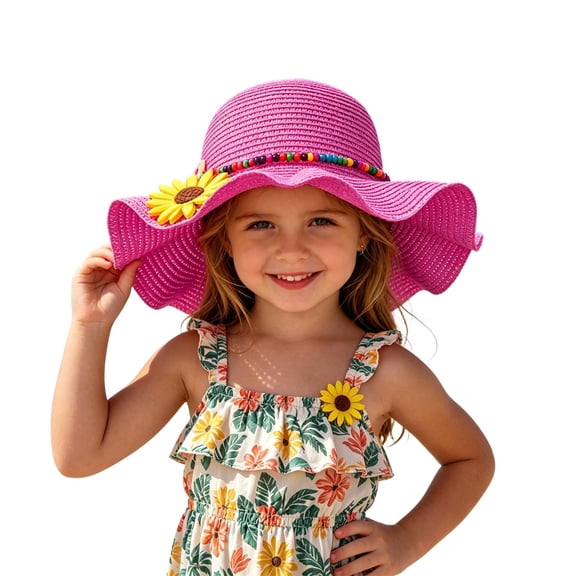 ZHOGXU Kids Sun Hat With Wide Brim Flower Applique Beach For Girls Daily Casual Wear