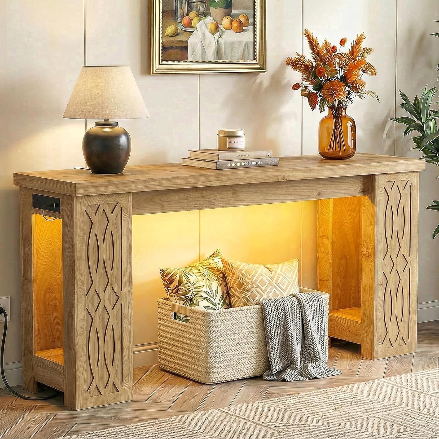 Homieasy 63'' Farmhouse Console Table with Charging Station and LED Lights for Hallway, Entryway, Living Room, Brown Oak