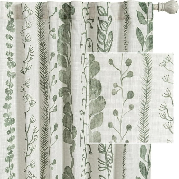 Green Curtains 84 Inches Long 2 Panels Boho Curtains for Living Room Light Filtering Patterned Drapes for Bedroom Linen Style Back Tab Leaf Print Window Treatment, 50” Wide Each Panel