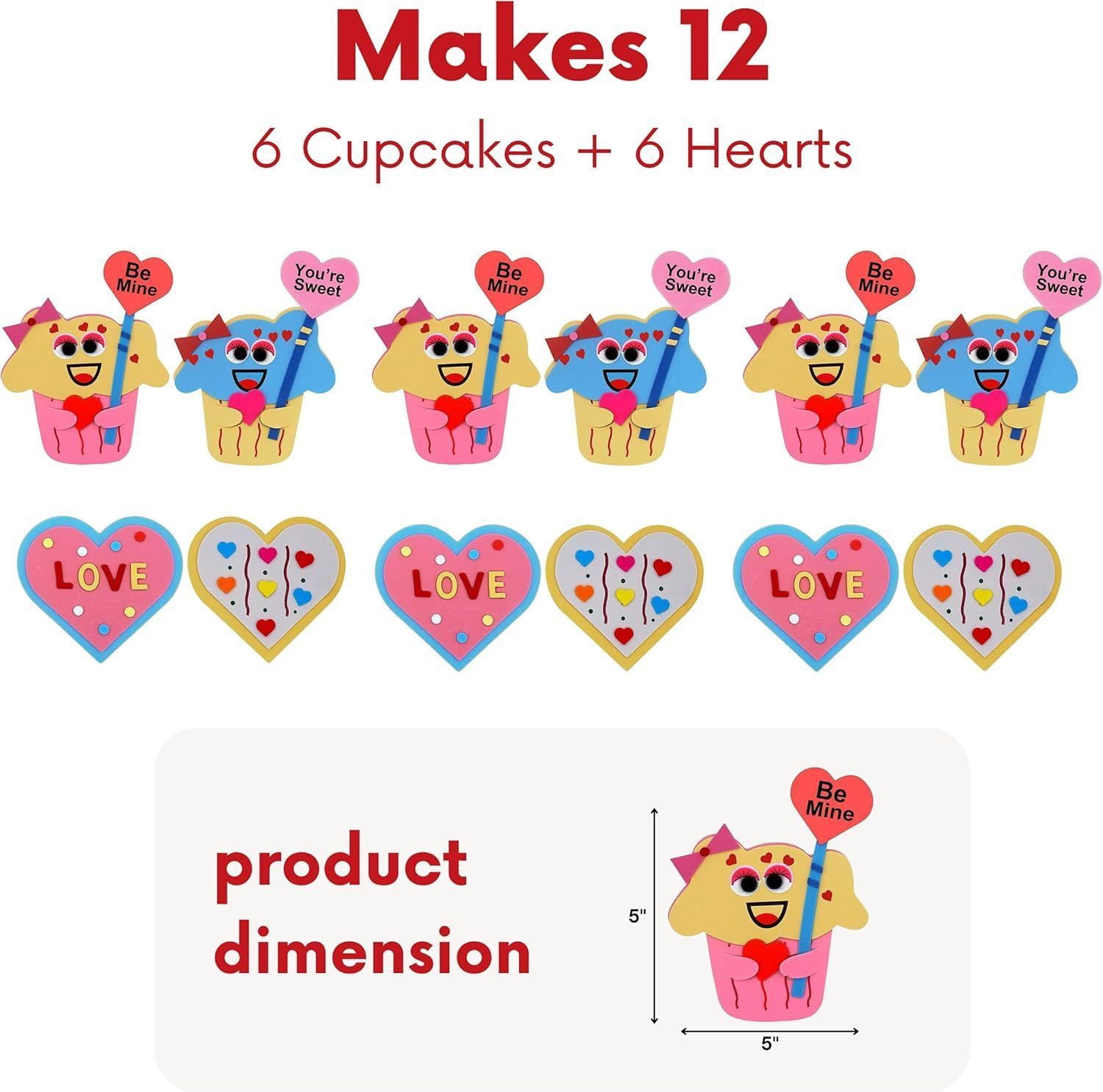 4E's Novelty Valentine Foam Cupcake & Heart Craft Kit for Kids, Makes 12, Self-Adhesive Magnet Crafts