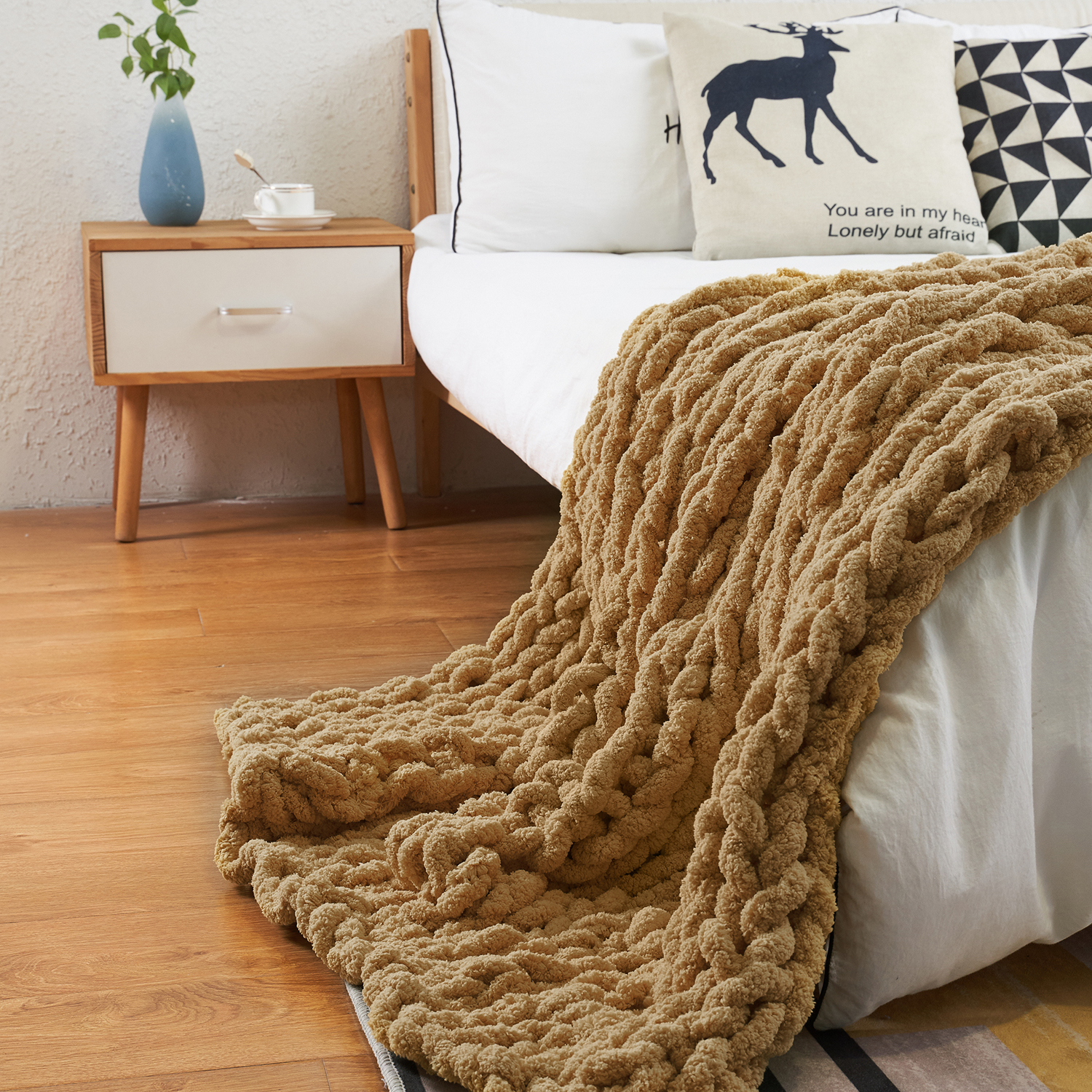 Comtest Chunky Knit Blanket Throw Blanket, 47 "x 59", Khaki
