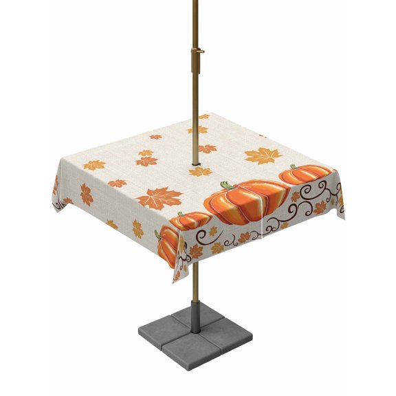 Outdoor Tablecloth with Umbrella Hole and Zipper, Fall Orange Square Table Cloth 54x54 Inch Waterproof Tablecloth, Thanksgiving Autumn Watercolor Pumpkin Picnic Table Cover for Patio Camping