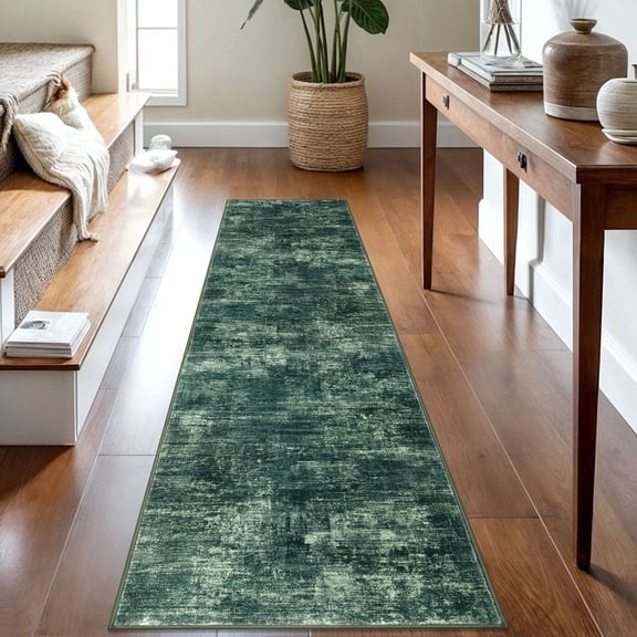 iOhouze Runner Rugs 2x8 Washable Runner Rug for Hallways Non Slip Kitchen Runner Low Pile Soft Printed Faux Wool Abstract Floor Runner for Inodoor Bedroom Entryway Laundry Room, Dark Green