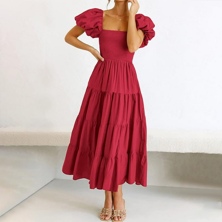 Women's Pleated Smocked Maxi Dress Empire Waist Ruffle Hem