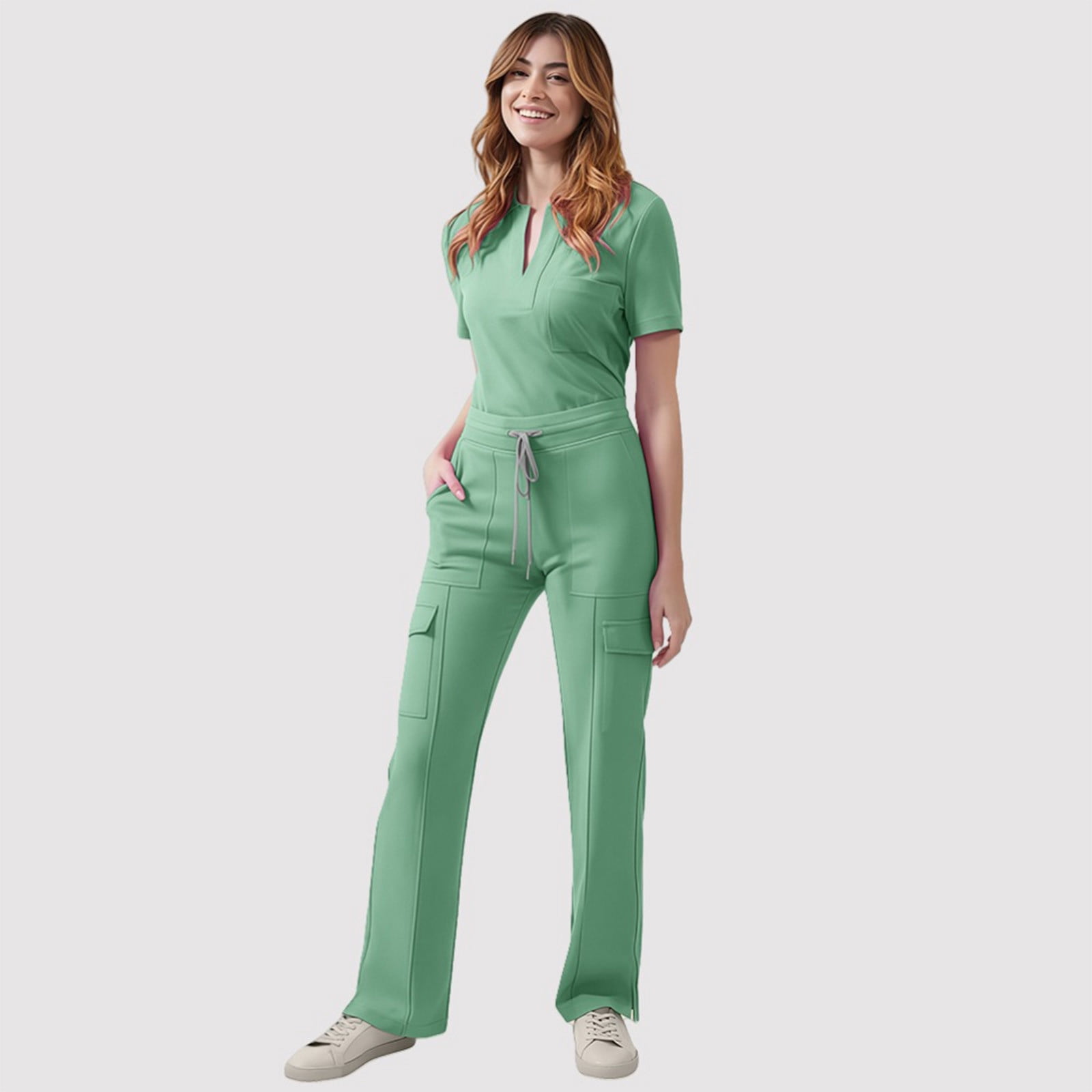 Oplxuo Scrubs for Women Sets Stretch V-Neck Scrub_Tops & Straight Cargo Pants Short Sleeve Nurse Uniform Workwear Outfits