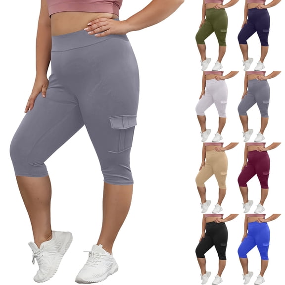 Women's Plus Size Yoga Cargo Capri Pants, High Waist Butt Lifting Stretch Fabric, Womens Capri Pants for Gym Fitness Sports Casual | TruHer,Beige 2XL