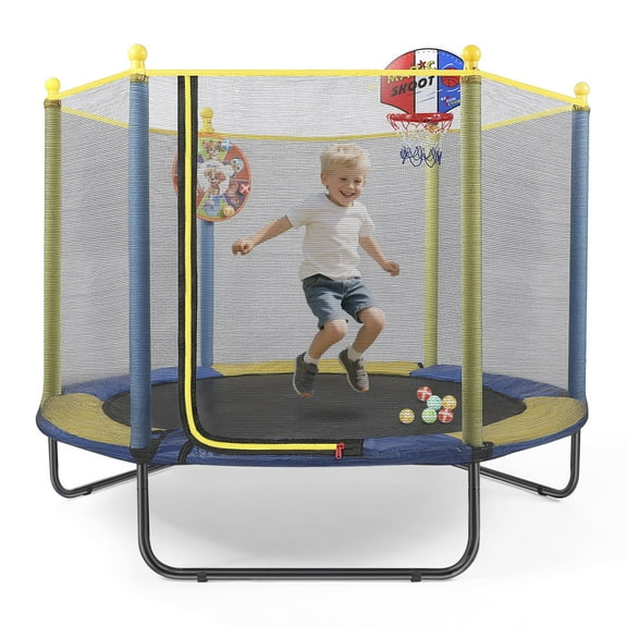 Fenbeli 60'' Kids Trampoline with Safety Net, Basketball Hoop & Dartboard, Indoor Outdoor Toddler Trampoline for Ages 1-8