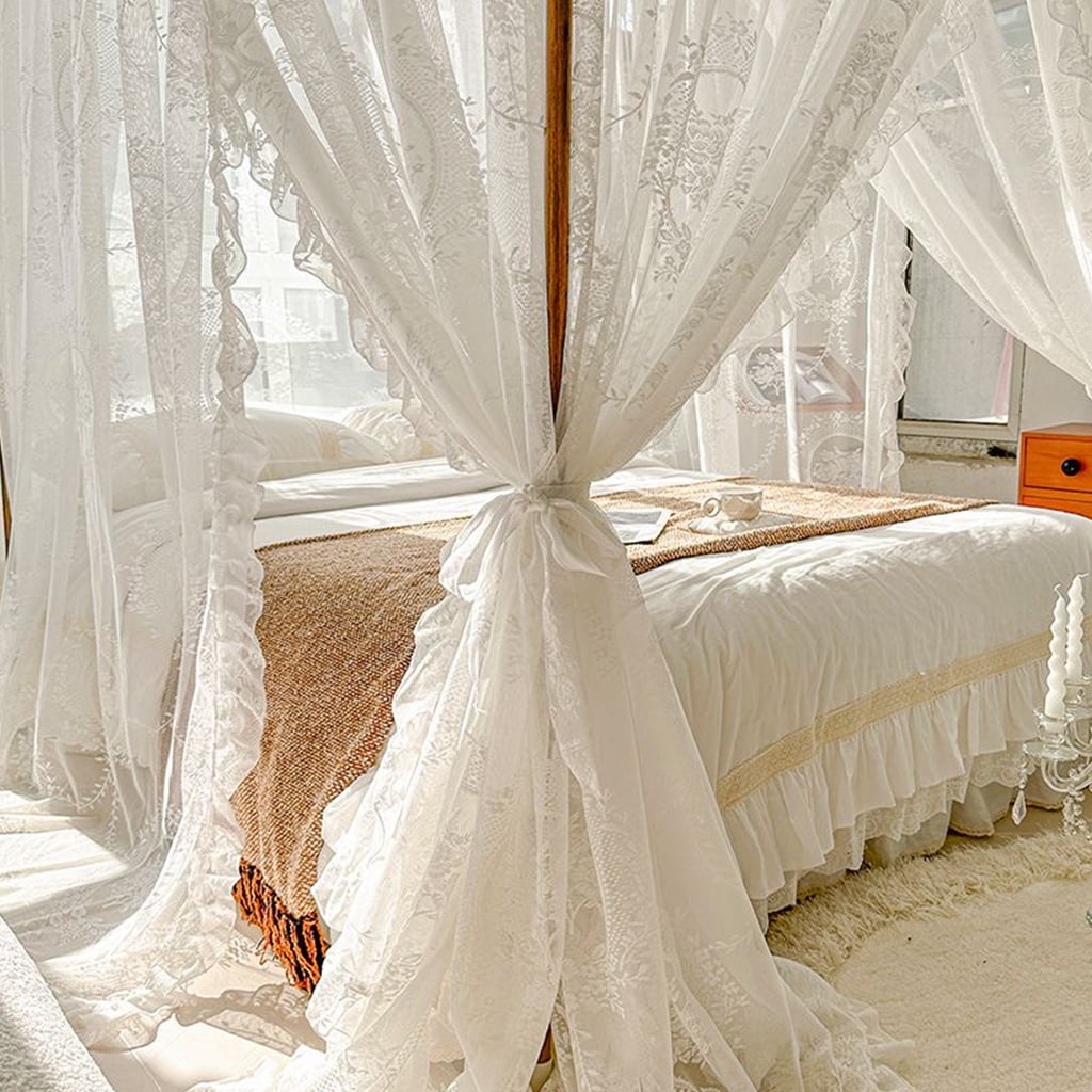 Elegant Lace Princess 4 Corner Post Mosquito Net Romantic for Girls Women Bed Curtain Canopy for Adults Wedding Bedroom Kids Rooms Decoration,White-2,Queen