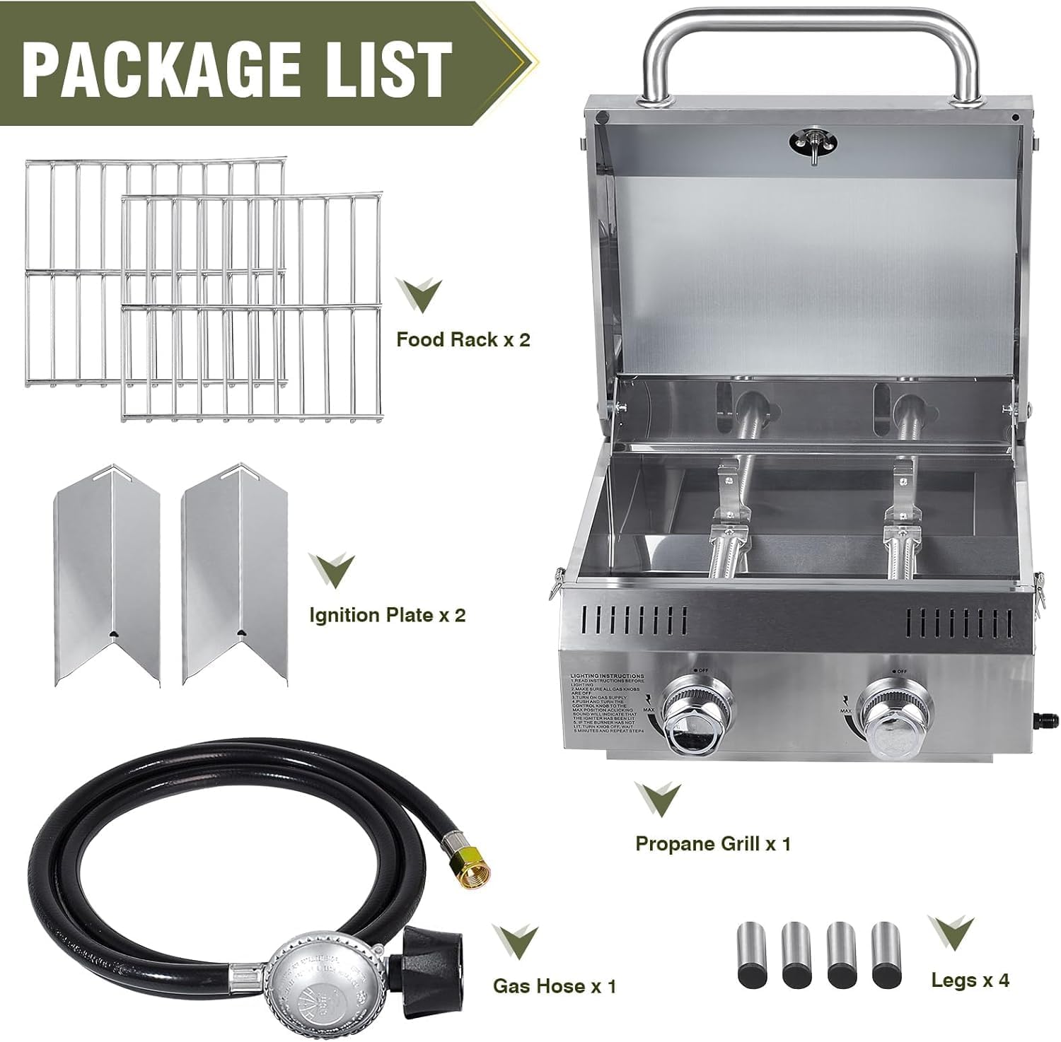 Frizi Outdoor Grill Table with 2-Burner Propane Gas Grill, Portable Stainless Steel Cooking Station with Storage Shelves, Hooks, and Locking Wheels for Tailgating, Camping & Backyard BBQ