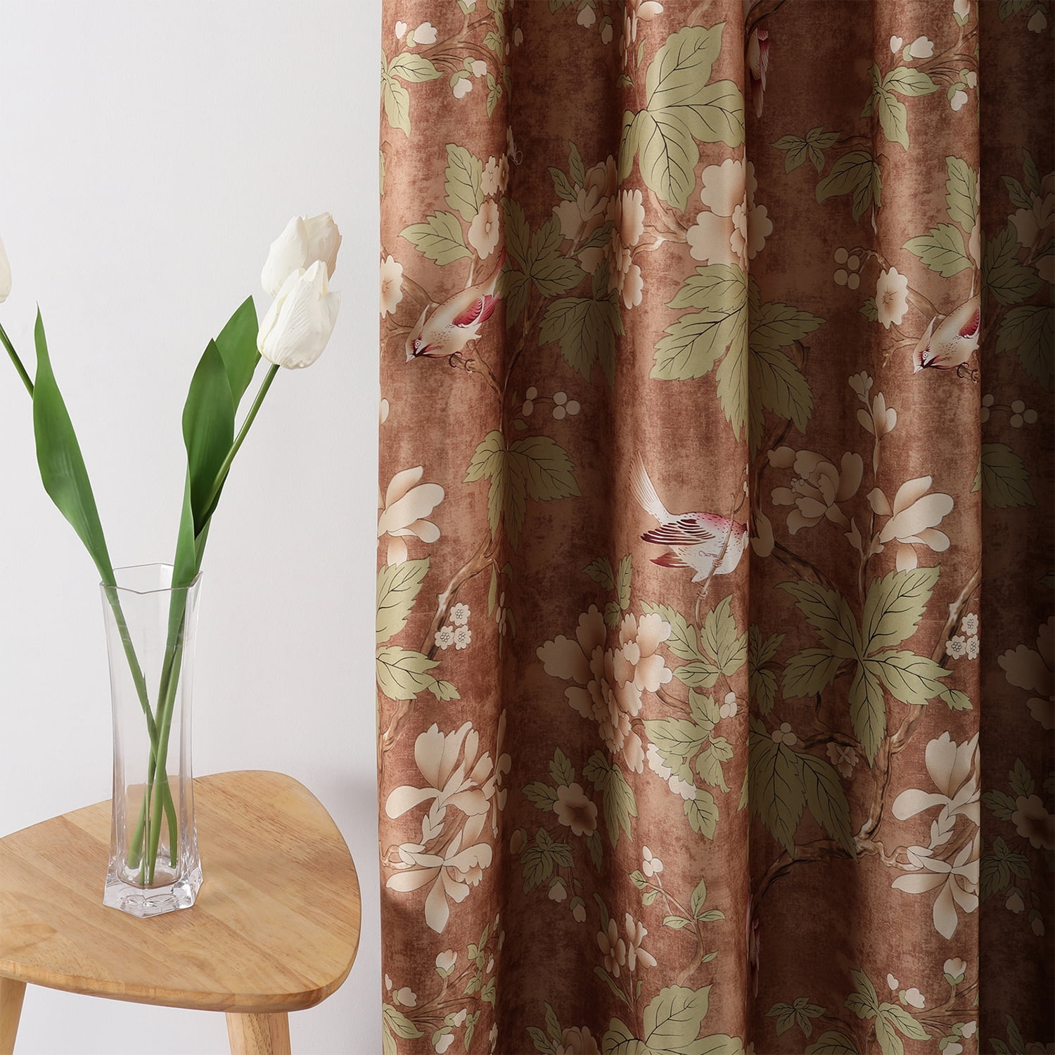 VOGOL Floral Blossoming Blackout Window Curtains, Grommet Heavy and Soft Energy Efficient Thermal Insulate Drapes for Bedroom Living Room, 2 Panels, 52x84 Inch, Brown