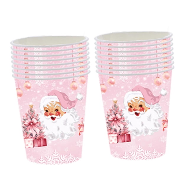 Copas de Navidad,Vasos de papel desechables para decorar mesas de fiesta,Juego de vajilla para fiestas,Suministros de mesa con temática de fiesta navideña,Copas de Papá Noel Copas rosas