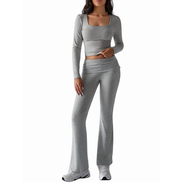 2 Piece Square Neck Lounge Set Womens Wide Leg Pants Slightly Crop Top Sweatsuit Sets Flower Gray S