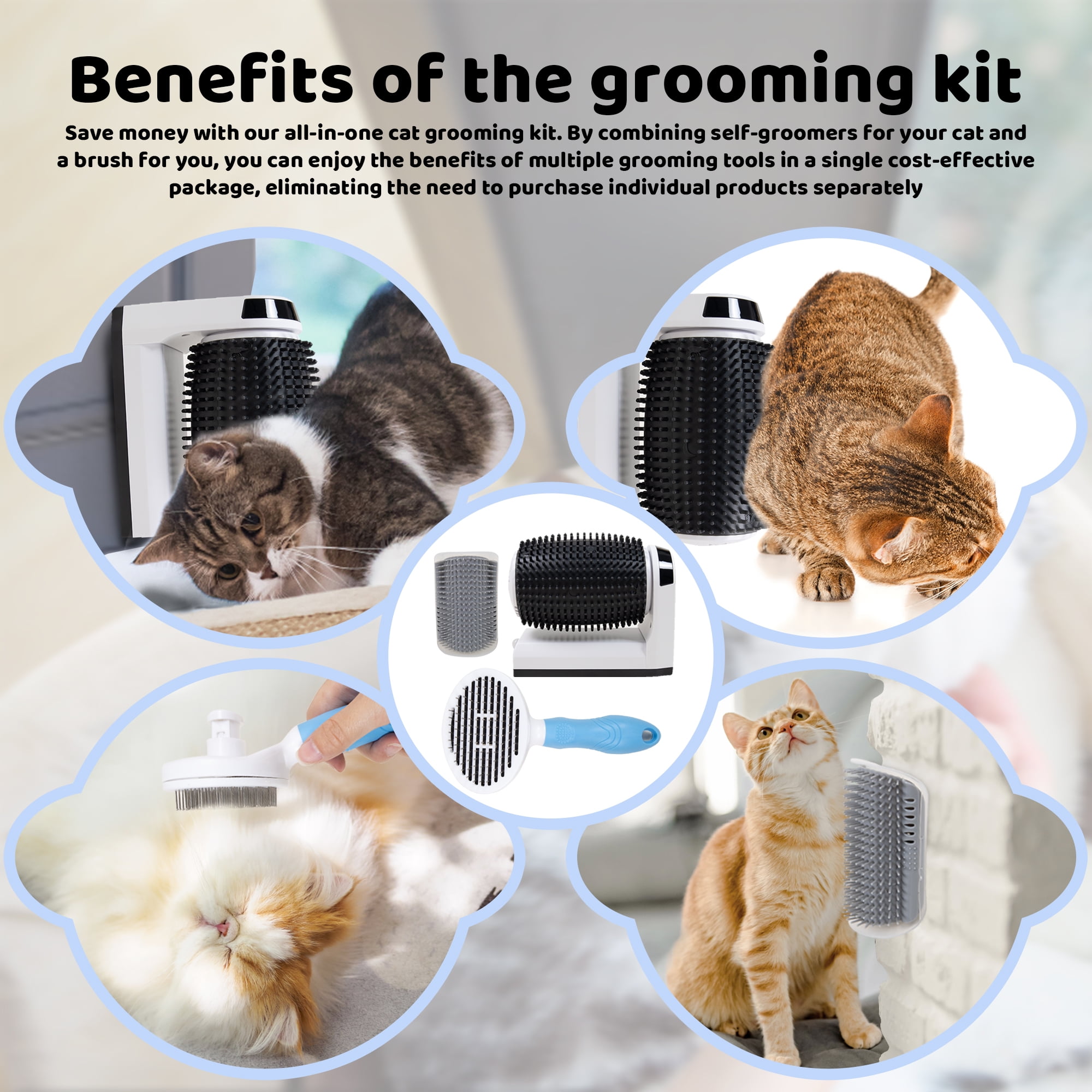PAWSITIVE JOY Cat Grooming Supplies & Accessories: Complete Self Grooming Kit with Softer Scratcher, Rubbing Corner, Massager & Cat/dog brush, & Self-Cleaning Deshedding Brush - Cat Owner Must Haves!
