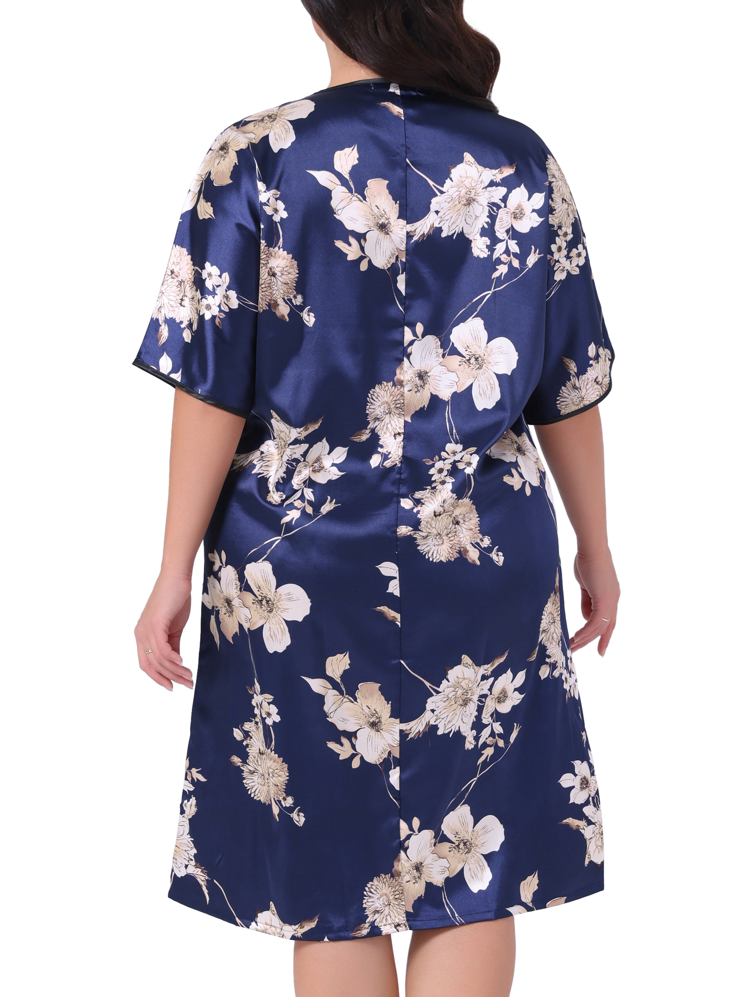 DARING DIVA Women's Plus Size Satin Floral Short Sleeve Round Neck Nightgown 4X Navy Blue