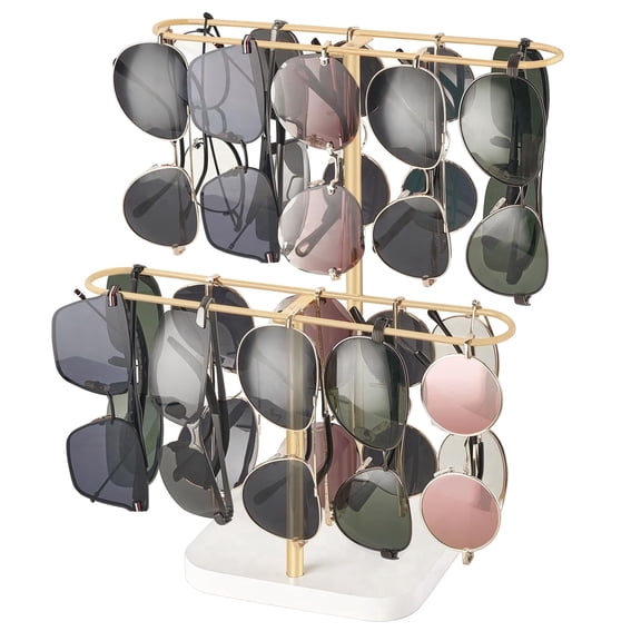 Sunglasses Organizer Glasses Holder Stand with Tray, 2 Tier Sunglass Storage Rack for Multiple Glasses, for Desk, Nightstand, Dresser, Vanity, Metal, Gold