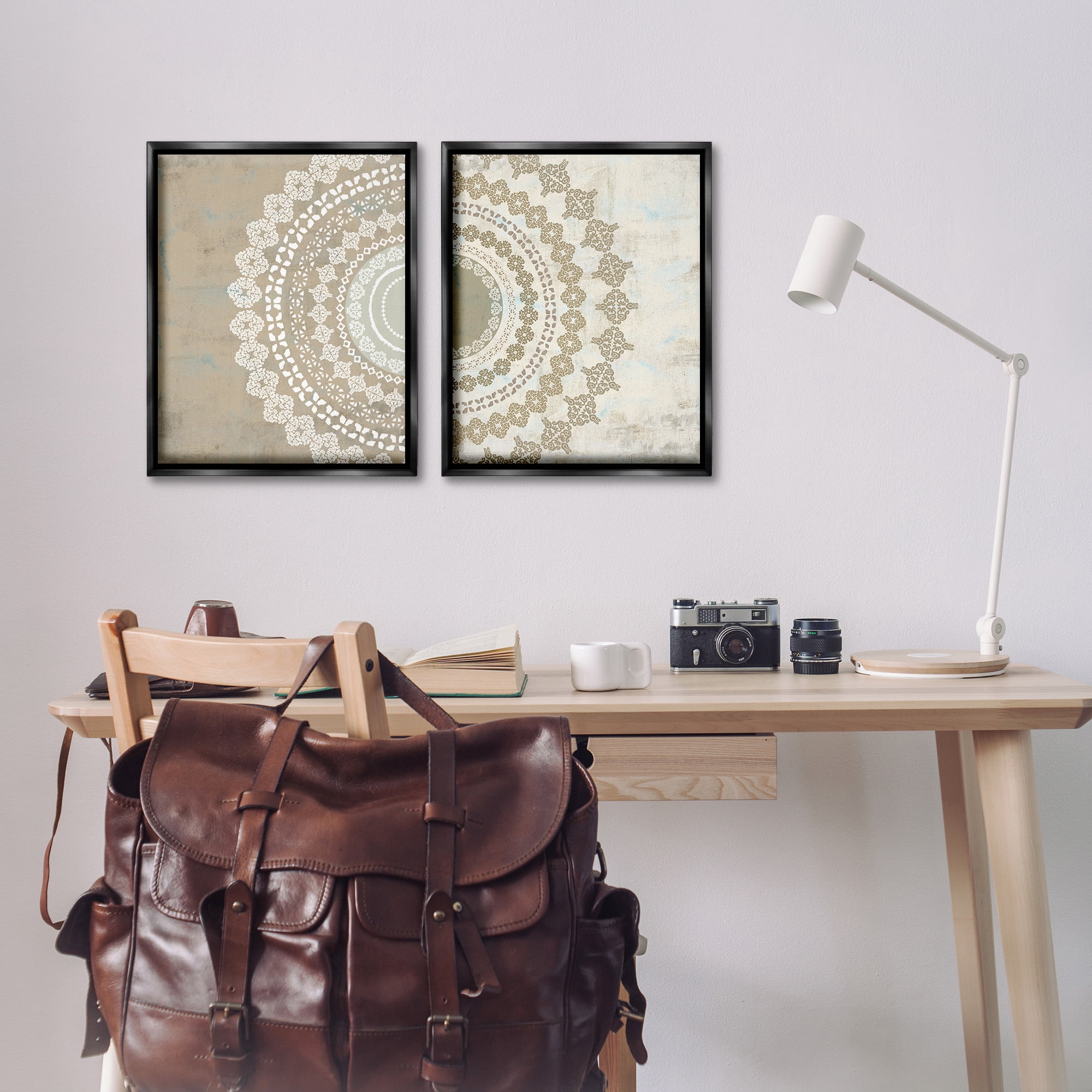 Stupell Industries Rustic Mandala Boho Pattern Abstract Painting Black Floater Framed Canvas Art Print Wall Art, 17 x 21, Set of 2
