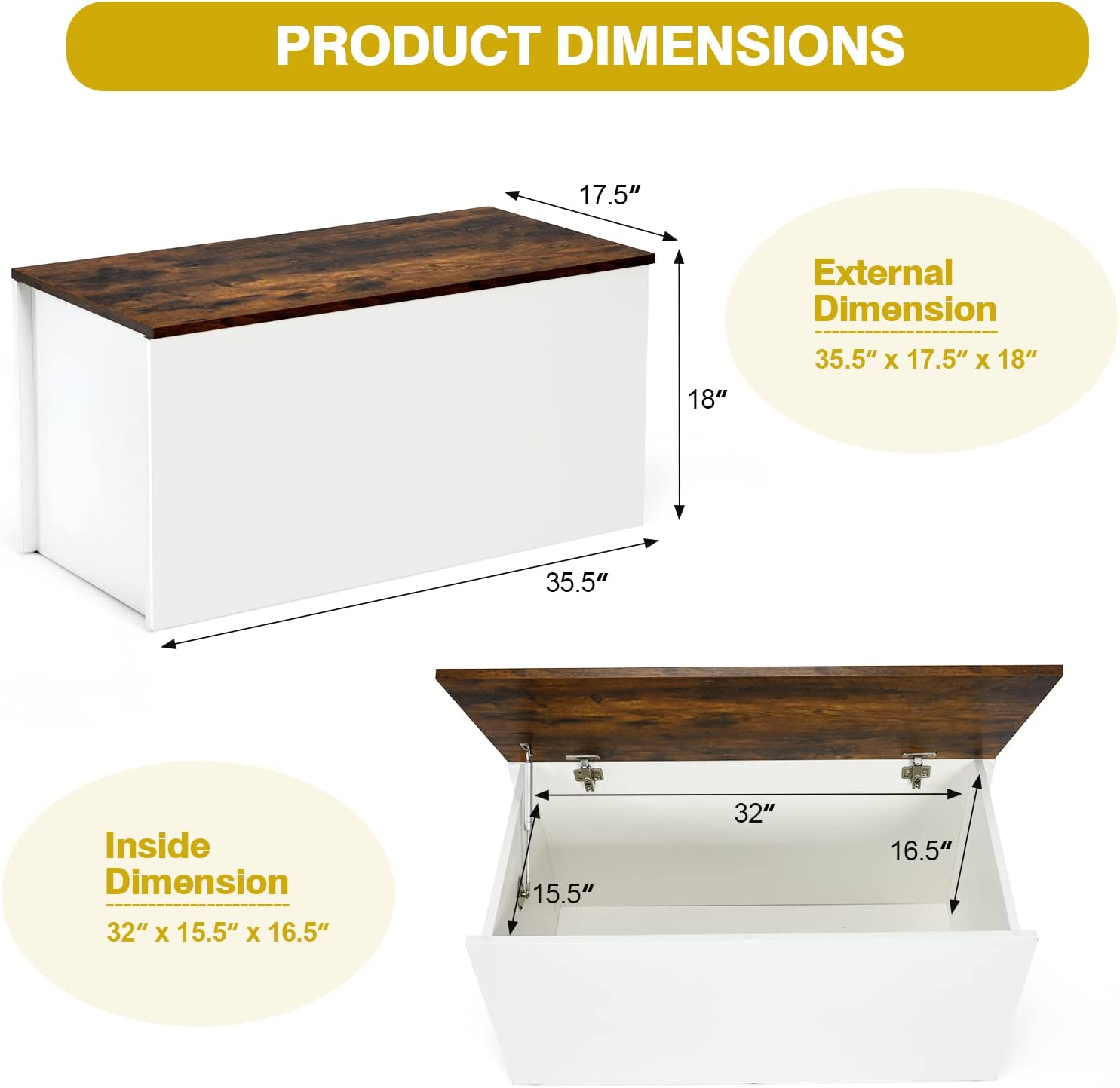Kids Toy Box Storage Chest, Wooden Children Storage Bench Ottoman Trunk w/Flip-top Lid, 35.5” Wide Toddler Cabinet Organizer w/Pneumatic Rod for Kids Play Room Nursery (Rustic Brown + White)