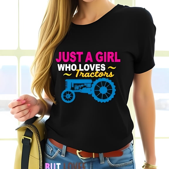 Just a Girl Who Loves Tractors Graphic Cotton Short Sleeve T-Shirt - Vintage Tractor Design with Colorful Accents