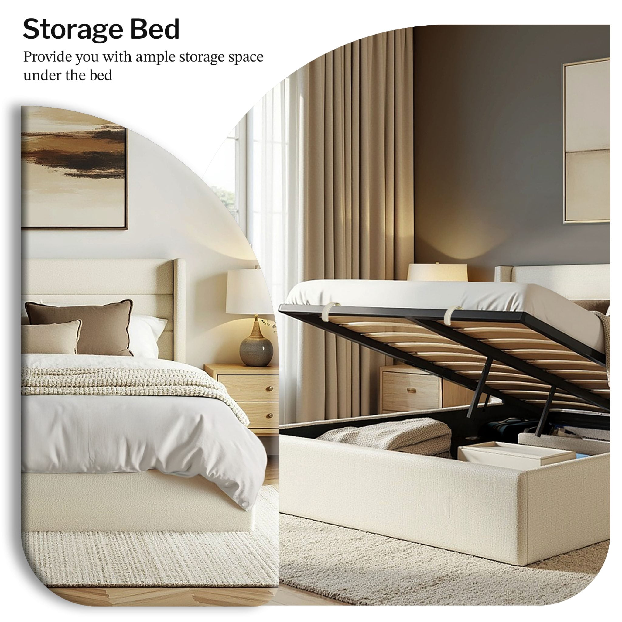 Aykah Zir Double Size Bed Frame with Storage, Upholstered Heaboard