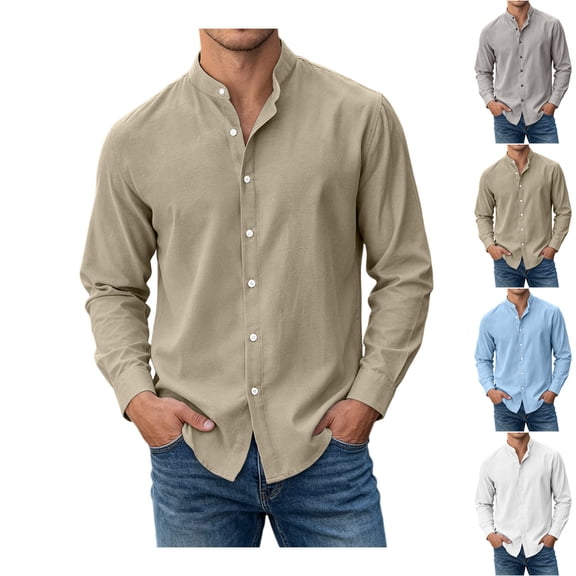 JTSRKL Mens Linen Cotton Button Down Shirts Long Sleeve Mock Neck Banded Collar T-Shirts Retro Summer Beach Vacation Pocket Tops