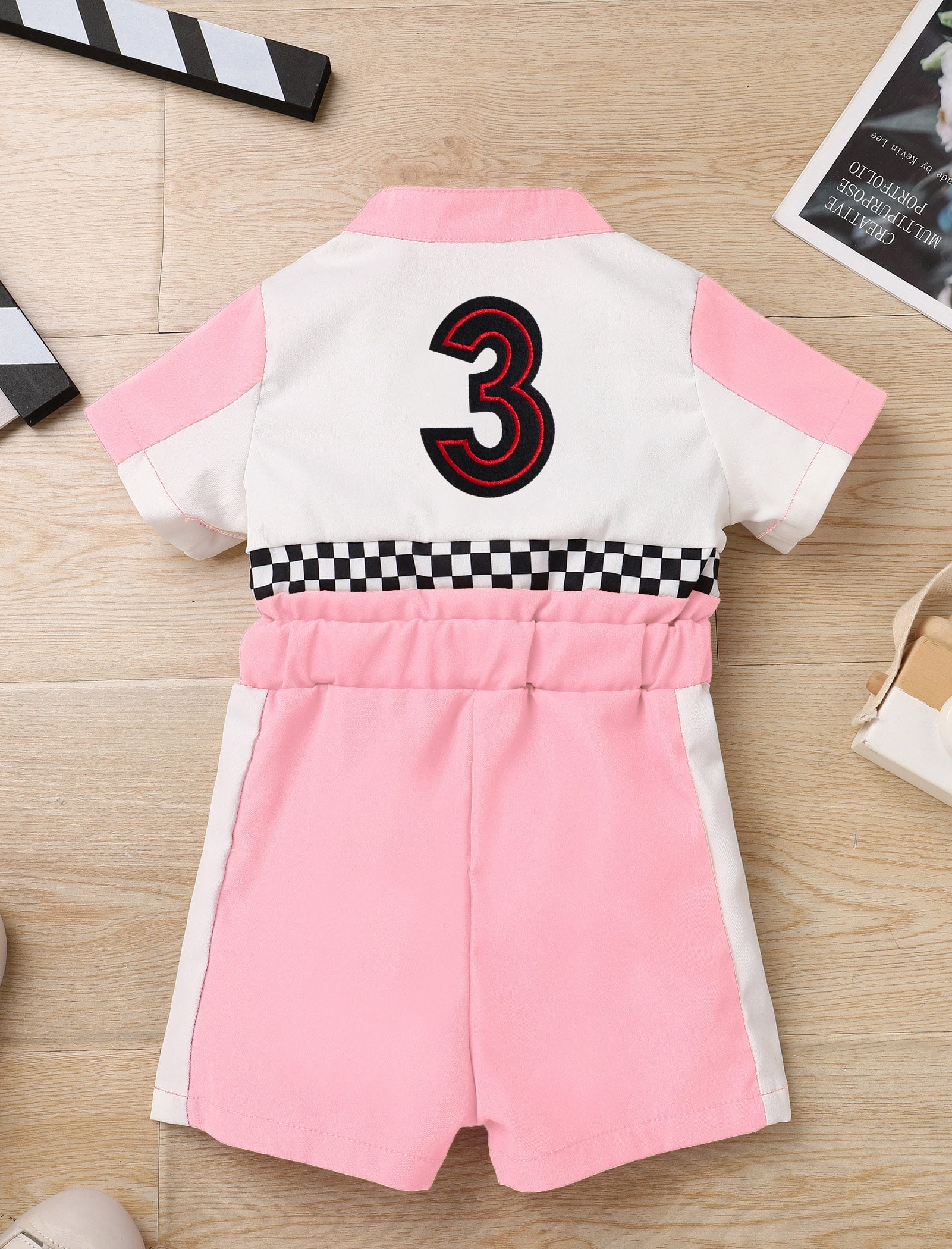 IDOPIP Baby Race Car Driver Outfit Boys Girls 1st 2nd 3rd 4th Birthday Cake Smash Photoshoot Clothes Short Sleeve Racer Romper 2-3Years Pink