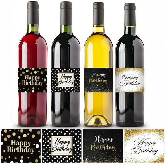 1 Set Wine Bottle Labels 40pcs 4 Styles Happy Birthday Wine Labels for Bottles 4x3.3 Inch Adhesive Wine Label Sticker Black Golden Stickers for Wine Birthday Cocktail Party Anniversary