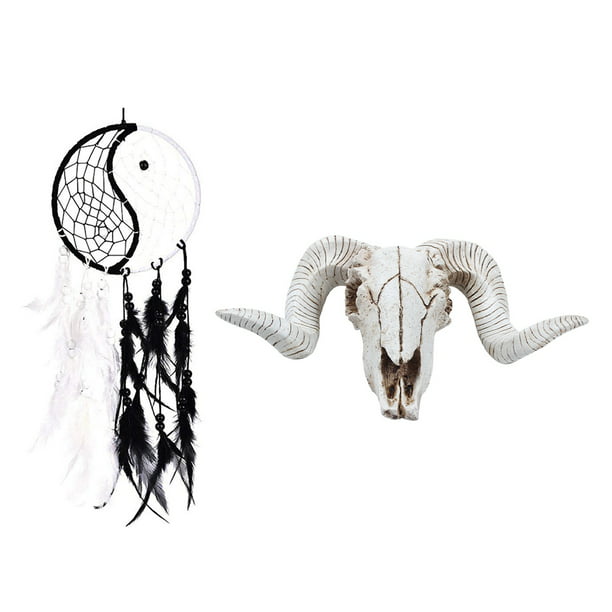 Yin Yang Dream Catcher Circular Net with Feathers Beads & Resin Sheep Head  Skull Head Wall Hanging 3D Animal Longhorn 