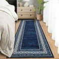 thumbnail image 1 of Washable Runner Rug 2x6ft – Soft Non-Slip Low Pile Carpet with Geometric Border Design, Blue Tones – Stain-Resistant Runner for Hallway, Entryway and Kitchen, 1 of 7
