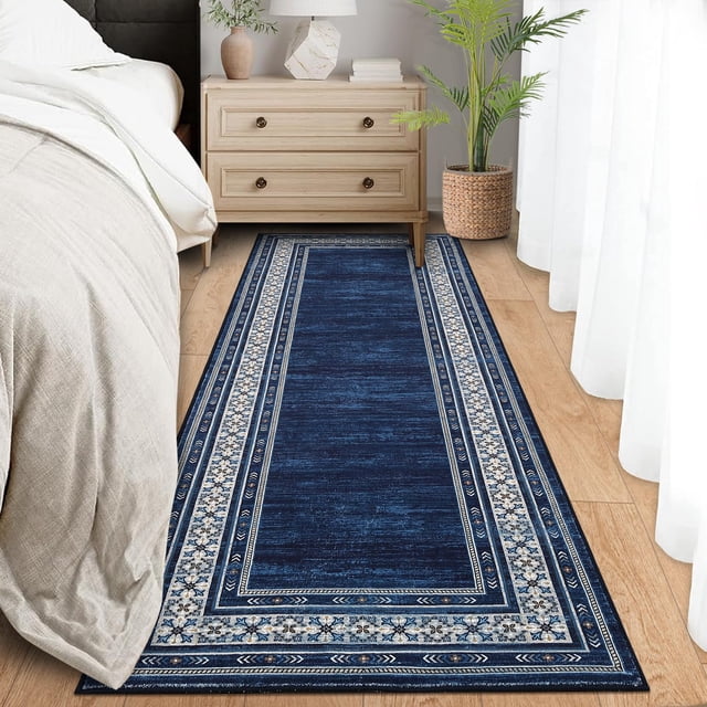 Washable Runner Rug 2x6ft – Soft Non-Slip Low Pile Carpet with Geometric Border Design, Blue Tones – Stain-Resistant Runner for Hallway, Entryway and Kitchen