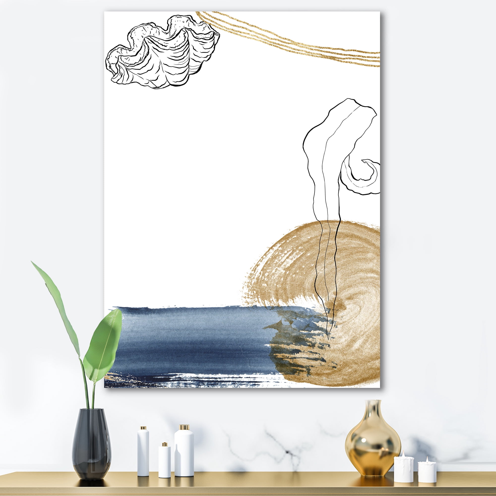 Designart ' Golden Marine Shell Classic Blue Abstract ' Farmhouse Canvas Wall Art Print