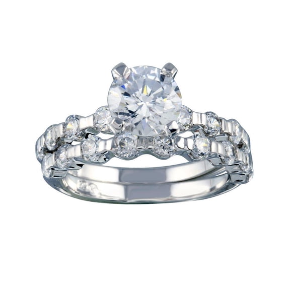 Rhodium Plated 925 Sterling Silver Clear Round Bridal Band Ring Set White CZ Female Size 5