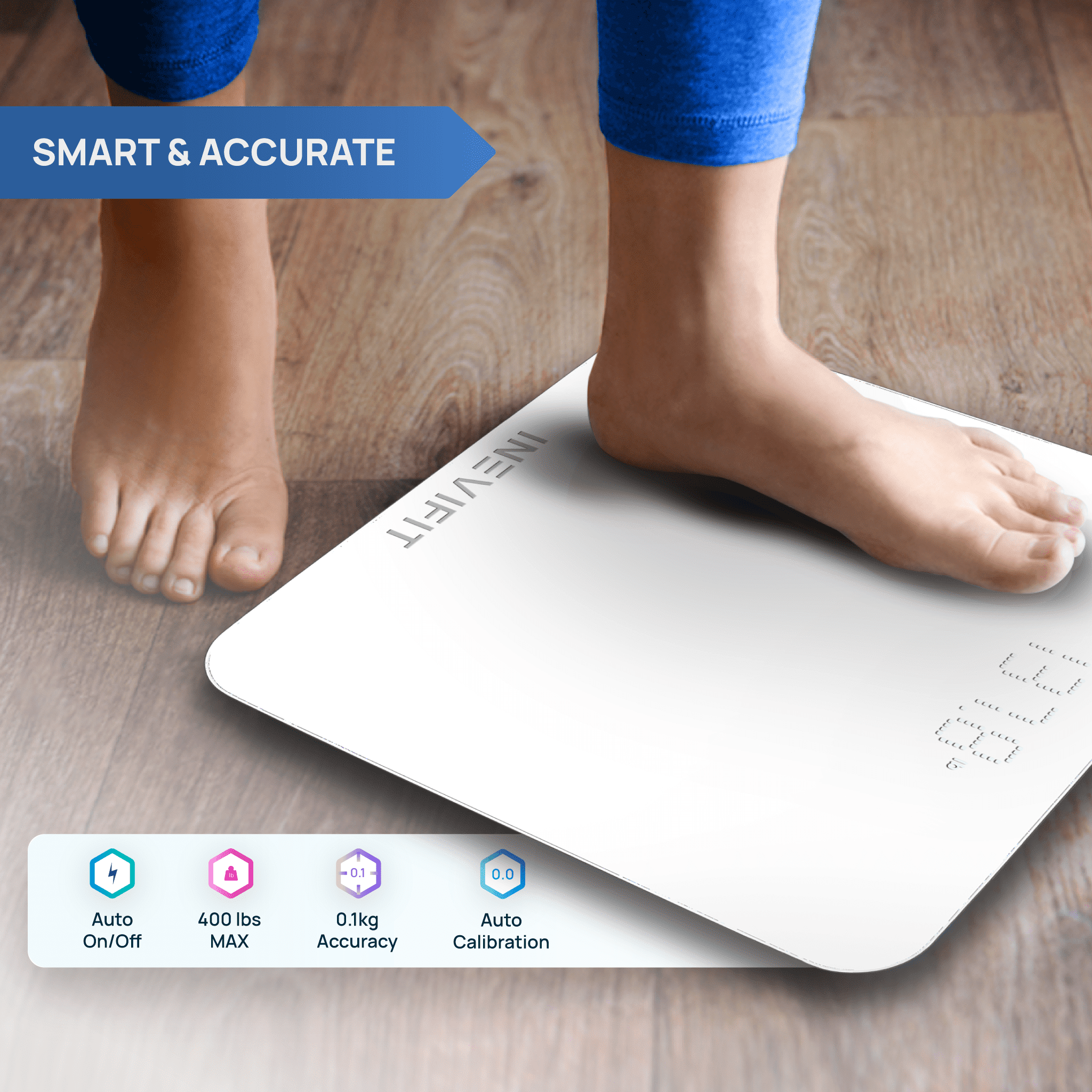 INEVIFIT Smart Premium Bathroom Scale with Bluetooth and Free Tracking INEVIFIT APP 11.8 x 11.8 inch - White