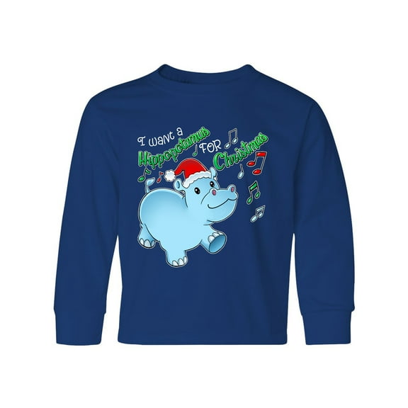 Inktastic I Want a Hippopotamus for Christmas Hippo in Santa Hat Long Sleeve Youth T-Shirt