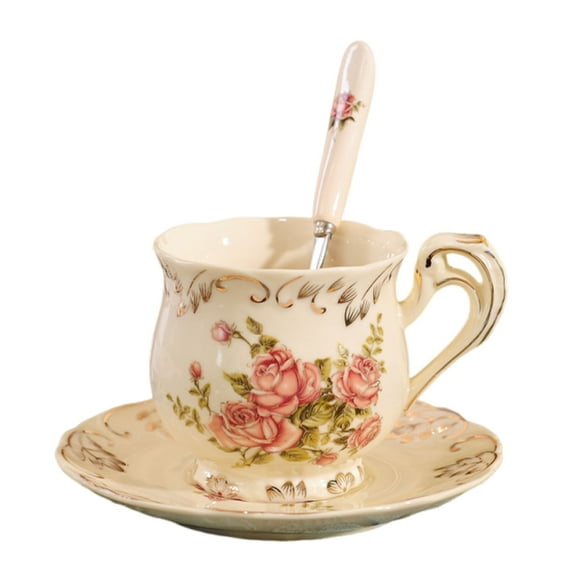 Teacup Saucer Set, Retro Pastoral Rose Cup Set, Coffee Cup Set with Spoons Hand-Painted Floral Tea Drink Cups Afternoon Tea Cup Plates for Parties and Home Decoration