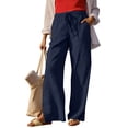 thumbnail image 5 of Women's Cotton Linen Wide Leg Pants with Side Slits Pockets Drawstring Waist Loose Beach Summer Travel Trouser (S, Navy), 5 of 8