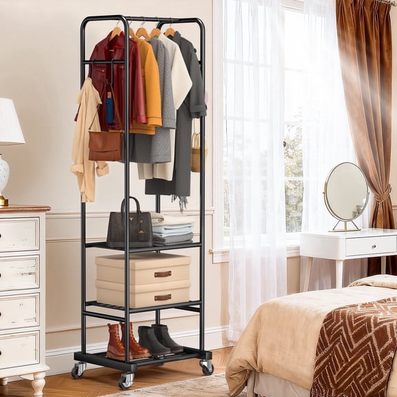 Rolling Clothes Rack with Wheels - Freestanding Garment Rack for Hanging Clothes, Small Clothing Rack with 3 Metal Shelves for Bedroom Laundry Living Room