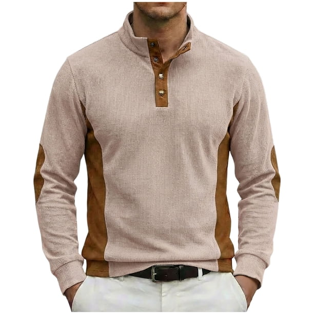 Tops de Verano de Manga Larga para Hombres Cuello de Pie Color Bloque Botón Abajo Camisa, Tops de Manga Larga Patchwork Blusa Casual con Ajuste Relajado, Chaqueta de Moda Ligera