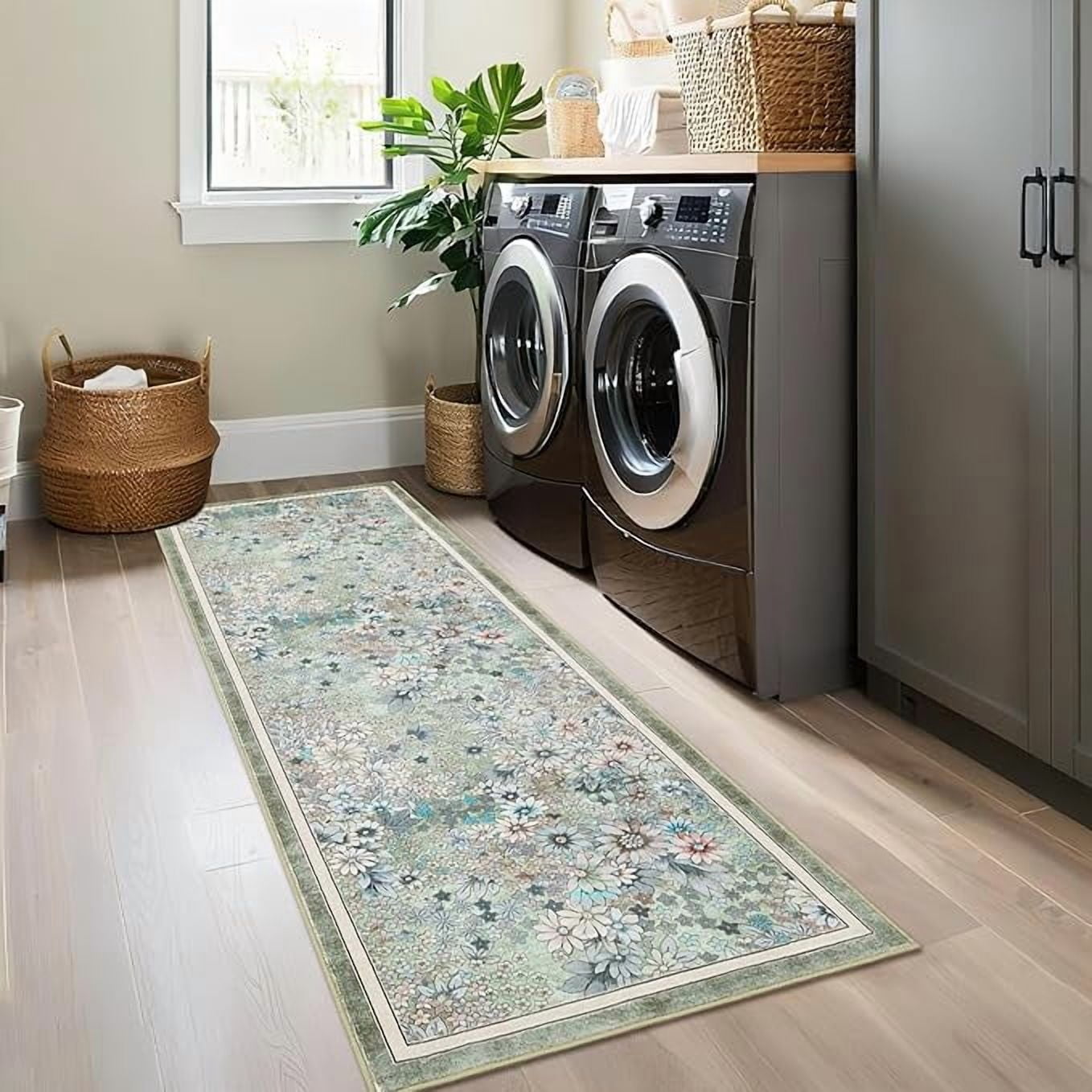 10'x 13' Runner Rug for Hallways Kitchen Non Slip Washable Rugs with Rubber Backing Soft Floral Carpet Runner for Hallways, Kitchen, Laundry, Bedroom, Bathroom-Green