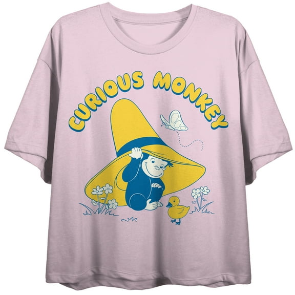 Curious George Curious Monkey Women's Cradle Pink Crew Neck Short Sleeve Crop Top-Small