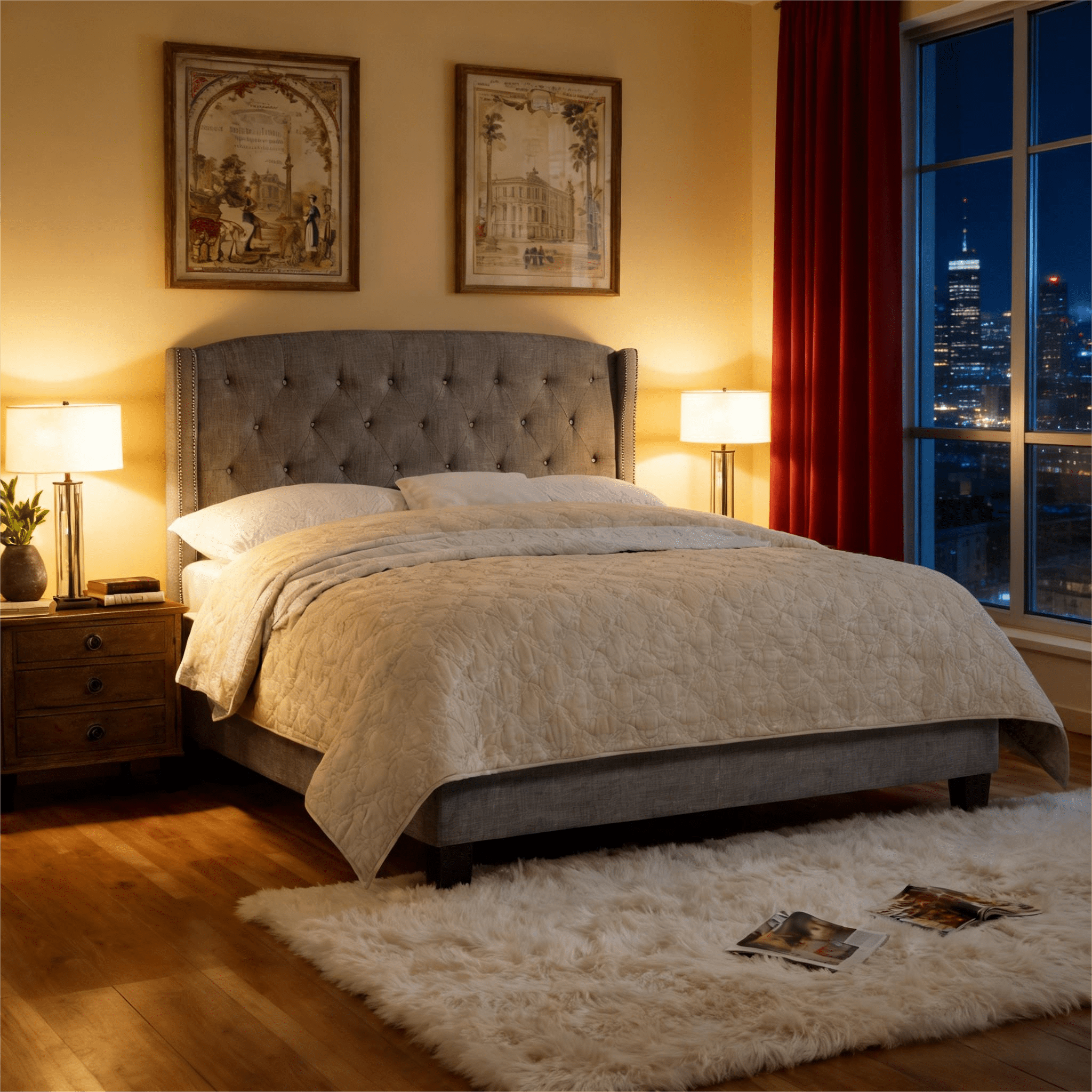 Gewnee Twin Size Upholstered Platform Bed Frame with Adjustable Wingback Headboard,Button Tufted and Nailhead Trim,Box Spring Required.Light Grey