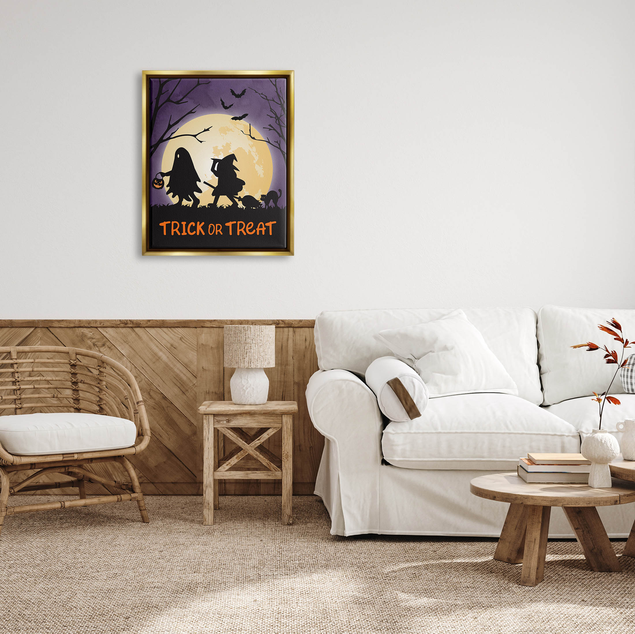 Stupell Industries Trick Or Treat Halloween Silhouettes Graphic Art Metallic Gold Floating Framed Canvas Print Wall Art, Design by Linda Birtel