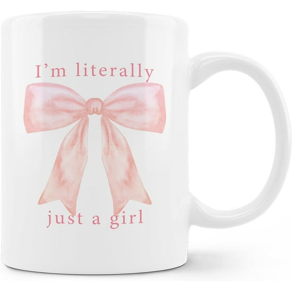 Pink Preppy Coquette Bow Mug, 11oz Ceramic Coffee Cup, I'm Literally Just A Girl Gift Mug