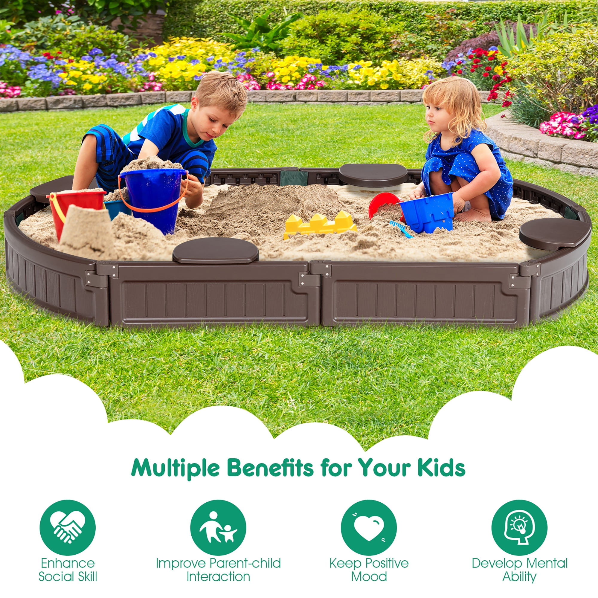 Costway 6F HDPE Sandbox with Built-in Corner Seats, Cover