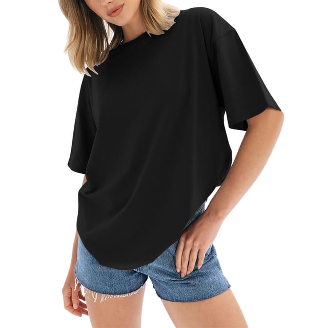 Camiseta de manga corta y cuello redondo oversize para mujer: corte holgado, color liso, mezcla de poliéster, tops casuales de verano, tallas S-XXL.