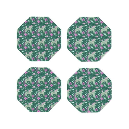

Coasters Set of 4 - Abstract Cute Horse Flower Green Drink Coasters for Tabletop Protection Leather Coasters for Living Room Decor and Housewarming Gift Octagon