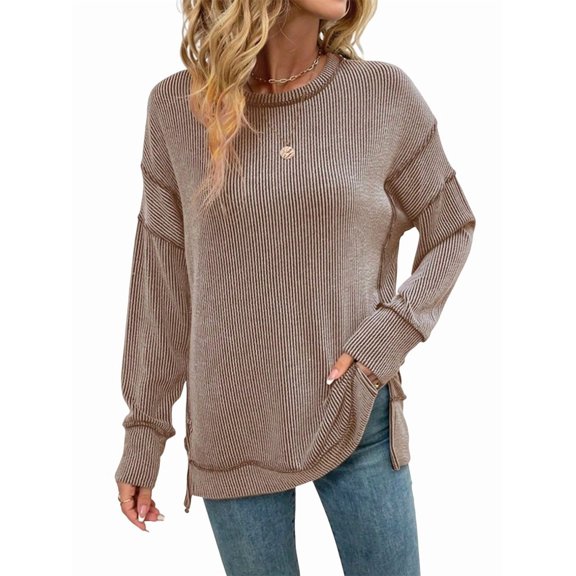 Womens Long Sleeve Tops Ribbed Loose Fit Oversized Sweatshirts with Side Slit High Low Hem Fall Outfits Khaki S