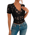 thumbnail image 1 of Blusa de para Mujer, de Corta, Cuello Redondo, Ajustada, con Encaje Floral Liso, Blusas Transparentes con Cuello en V Negro L, 1 of 7